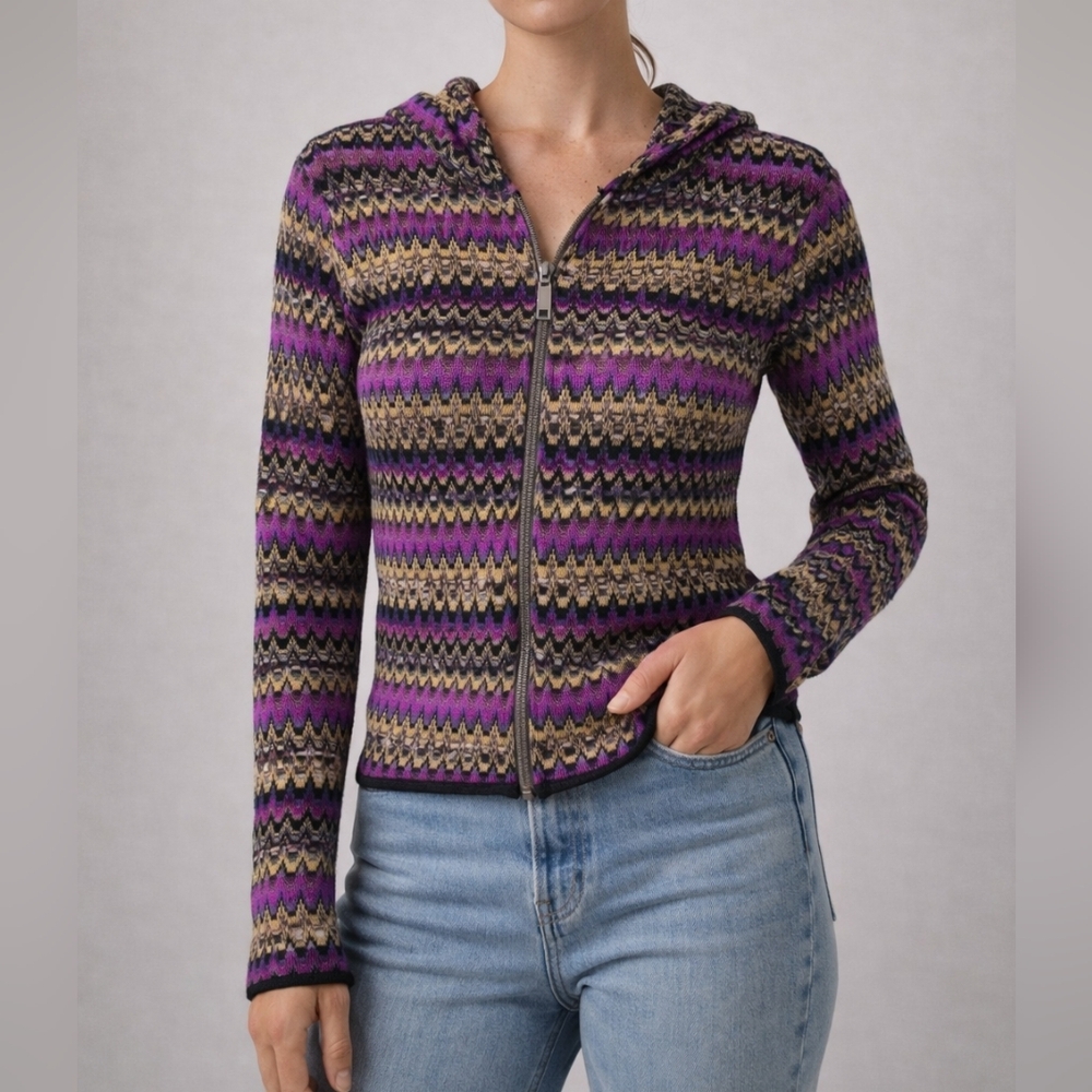 Missoni Zip Front Knit Cardigan Jacket Multicolor Zigzag Hooded Cropped Size 42